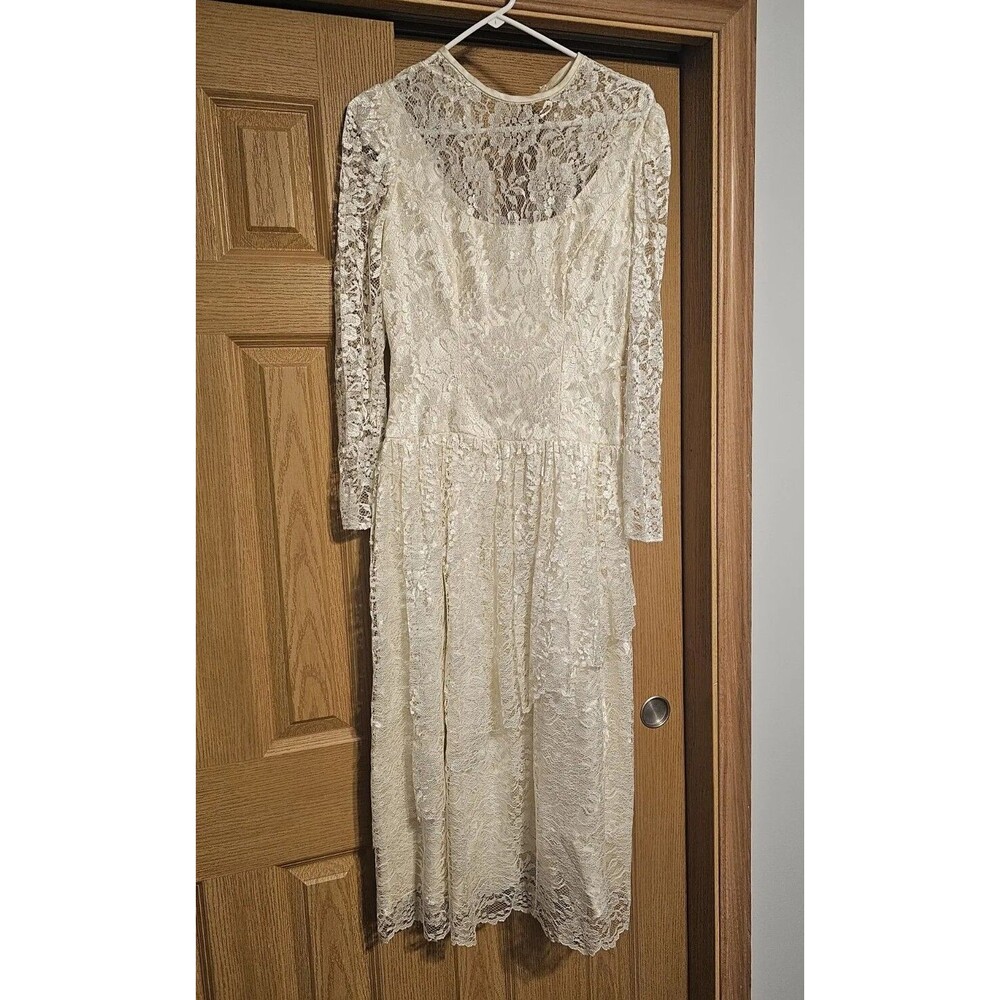 Gunne Sax Style Lace Dress 80s Size 10 Ivory Mid Calf Boho Wedding READ Vintage